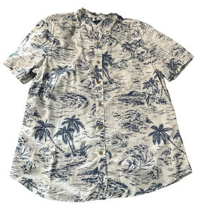 American Eagle men's XL button down shirt cream with hawaiian blue print